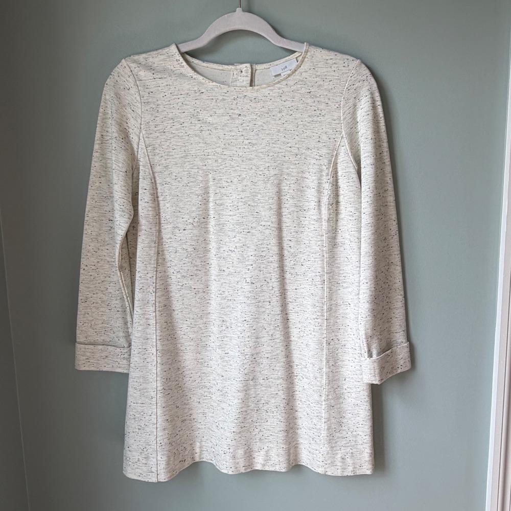 J. Jill Tunic Top Cream Gray Speckled Cuff Sleeve Button Back Crew Neck Size XS